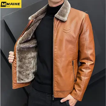 Корейская новейшая Флисовая меховая кожаная куртка, мужская зимняя мода, молния с отворотом, прямой подол, формальные повседневные пальто, кожаная куртка-бомбер